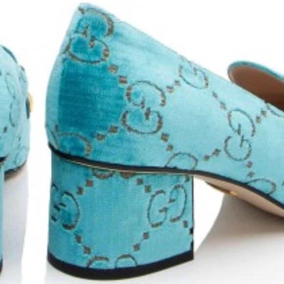 NEW! GUCCI Shoes Velvet Gg Sylvie Chain Detail Mid-Heel Square loafers 9… - Picture 8 of 16